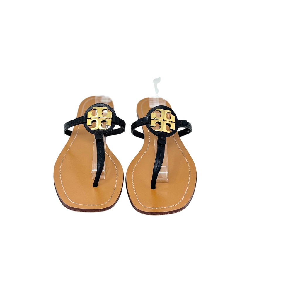 Tory Burch Mini Miller Sandals Black Leather Logo Thong Size 8.5 - Picture 3 of 10